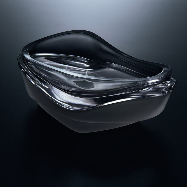 Plex Vessel, Set of 2 — Clear stacked vessels on a dark background, polished and frosted glass detail
