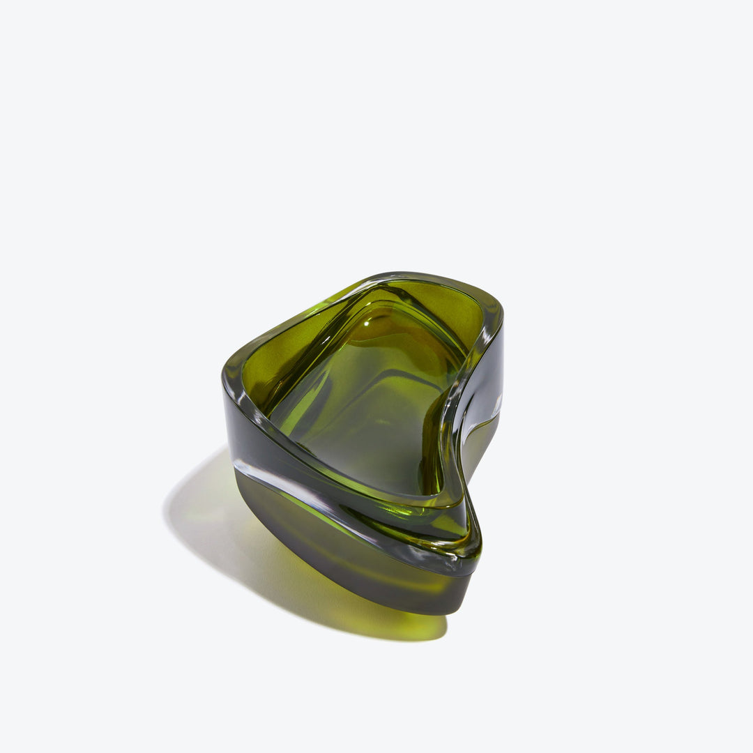 Plex Vessel, Set of 2 — Olive Green vessels stacked closed, end-on three-quarter view