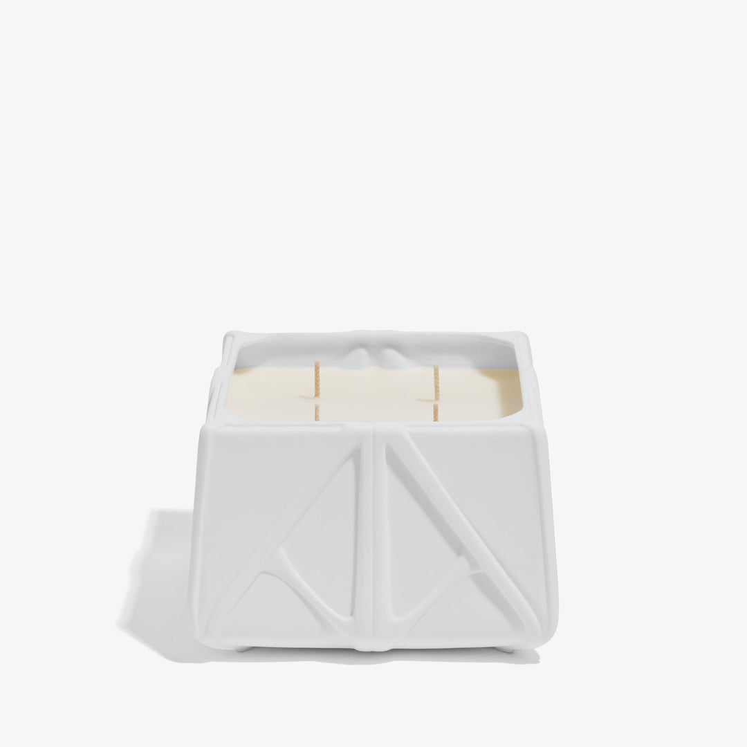 Prime Scented Candle — Large white four-wick candle, front view on white