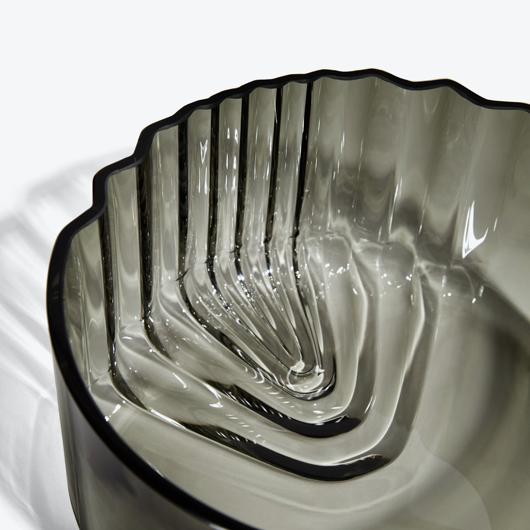 Pulse Bowl — Smoke glass bowl, close-up of the rippled glass ridges inside