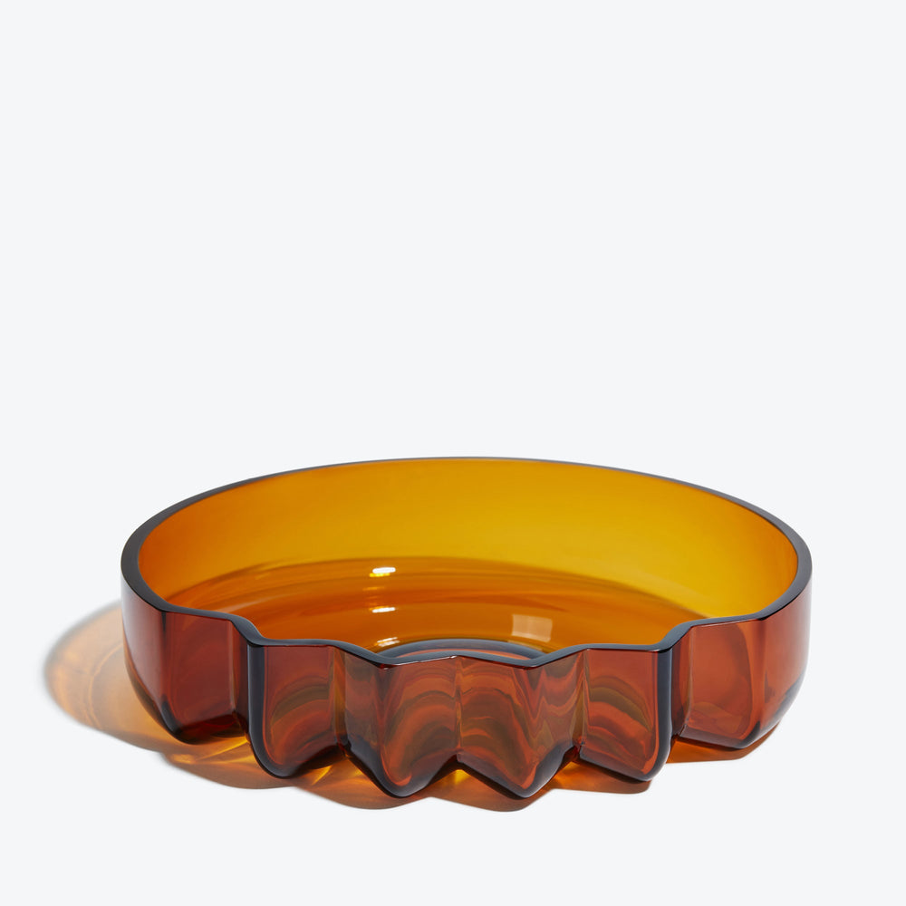 Pulse Platter — Amber glass platter, front view of the rippled edge