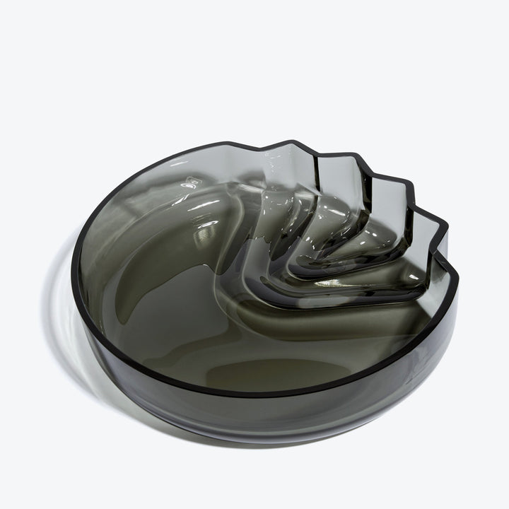 Pulse Platter — Smoke glass platter, top-down view of the stepped interior