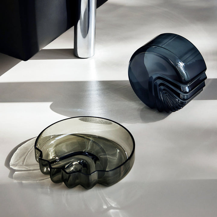 Pulse Platter — Smoke and blue glass platters on a white floor, lifestyle