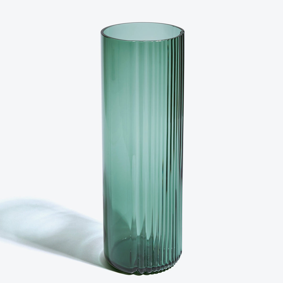 Pulse Vase — tall Grey Green glass vase, ribbed front view on a white background