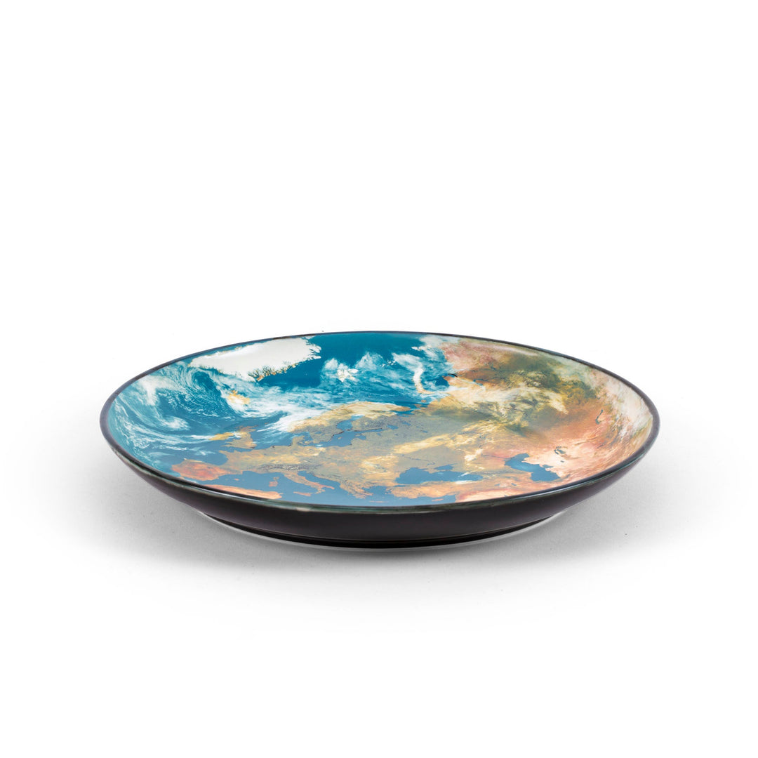 Seletti Cosmic Diner Earth Europe Tray, side angle of the shallow tray and its black base