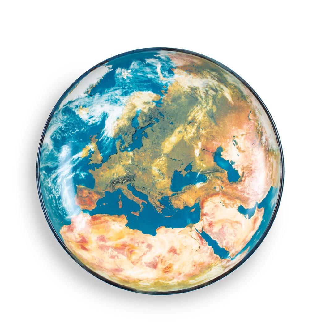 Seletti Cosmic Diner Earth Europe Tray, top view of the round tray printed with Earth over Europe and Africa