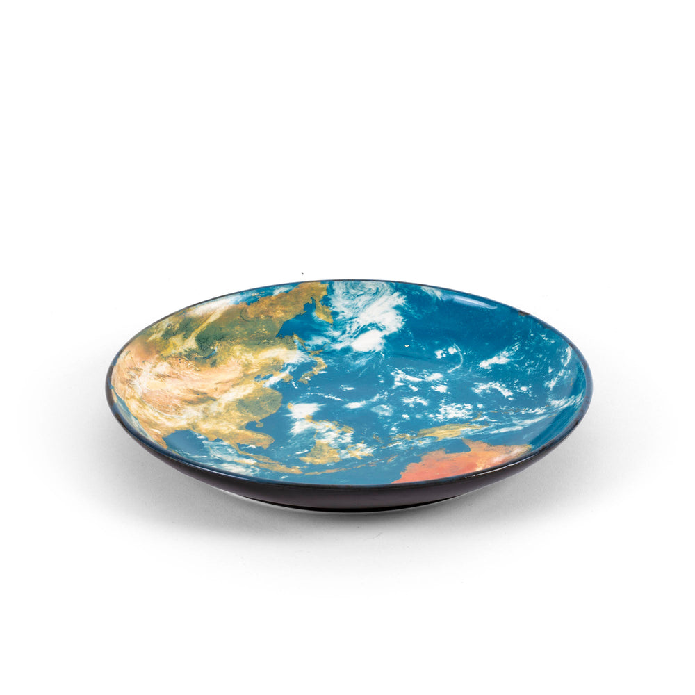 Seletti Cosmic Diner Earth Asia Tray, angled view of the blue and ochre globe print