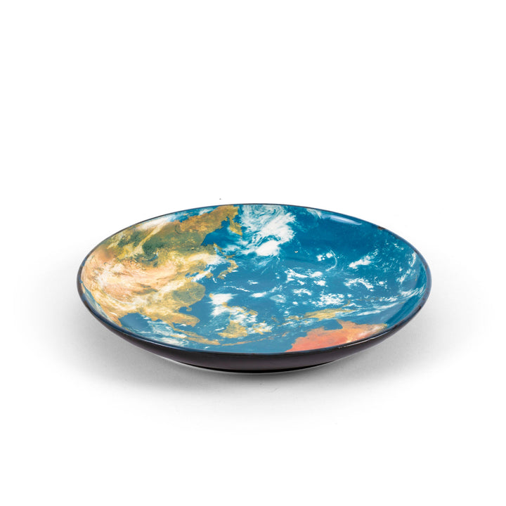 Seletti Cosmic Diner Earth Asia Tray, angled view of the blue and ochre globe print