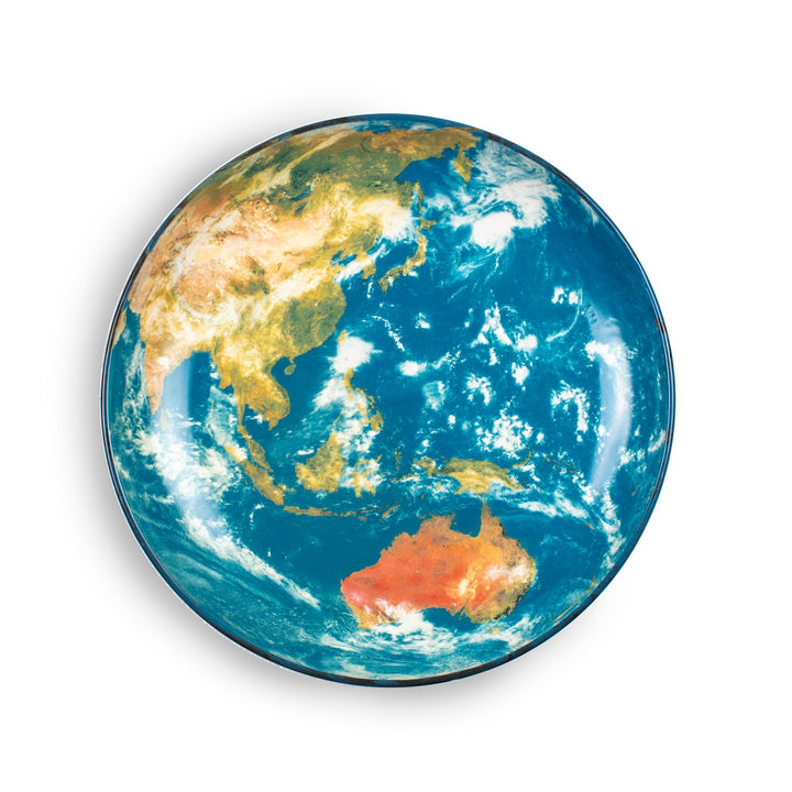 Seletti Cosmic Diner Earth Asia Tray, top view of the round tray printed with Earth over Asia and Australia