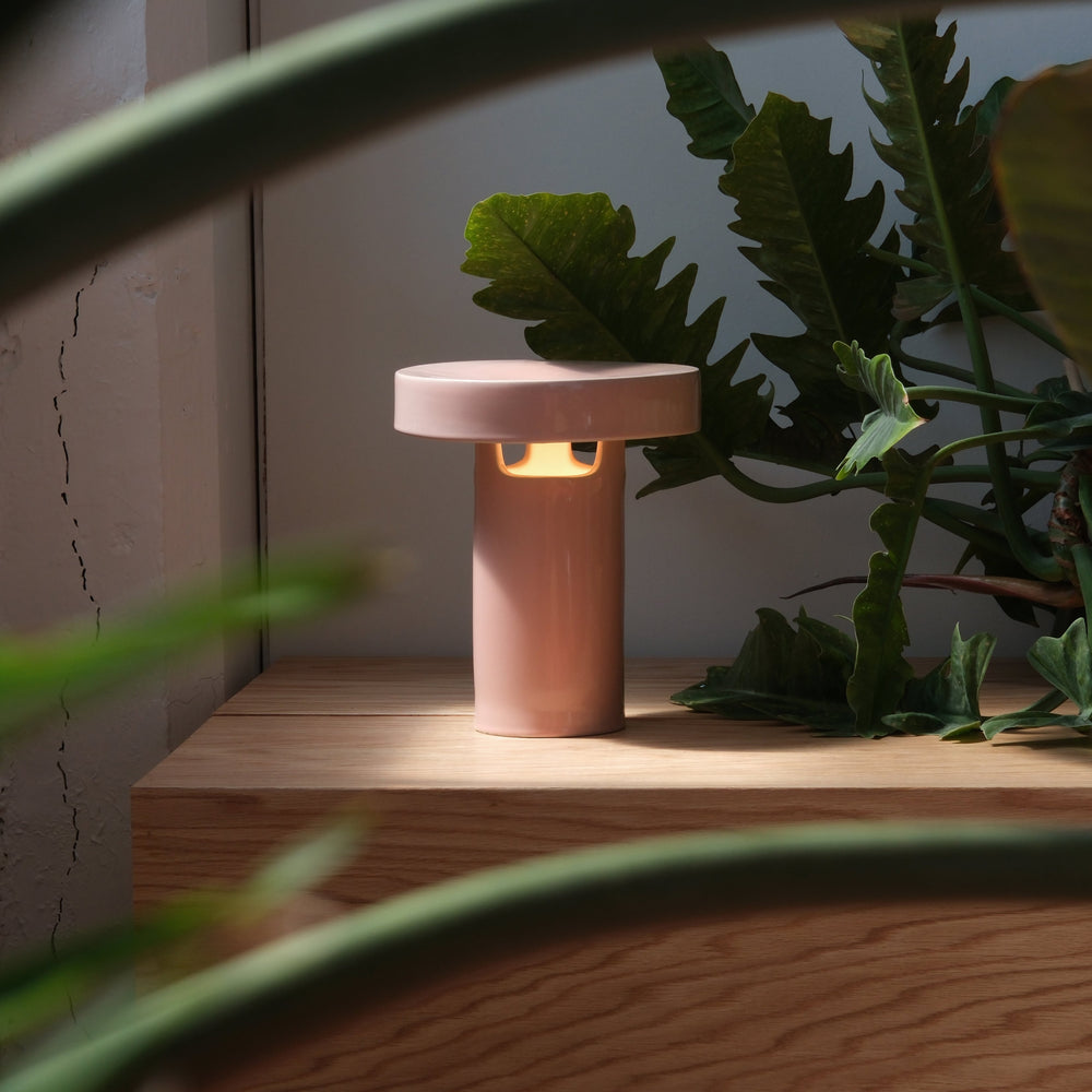 Pink ceramic table lamp with warm glow, styled beside lush green plants on wooden shelf