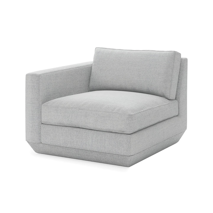 Modern gray upholstered armchair with clean lines and plush cushioning