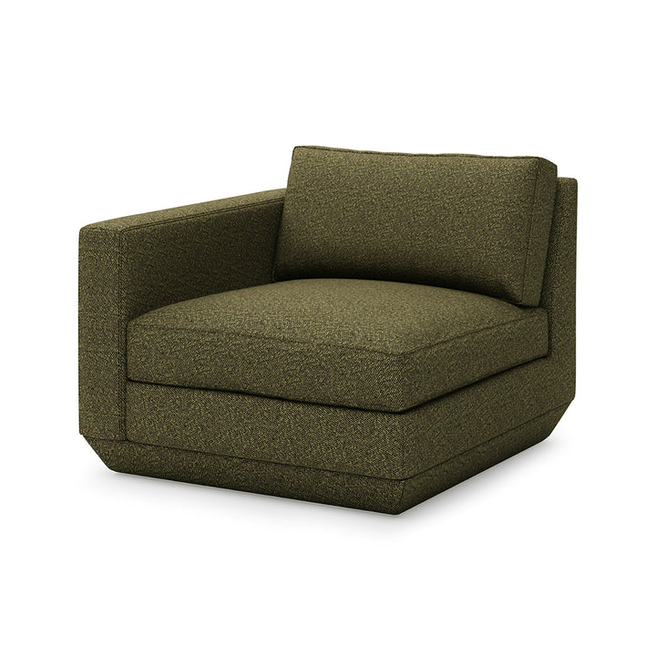 Olive green textured armchair with modern geometric design