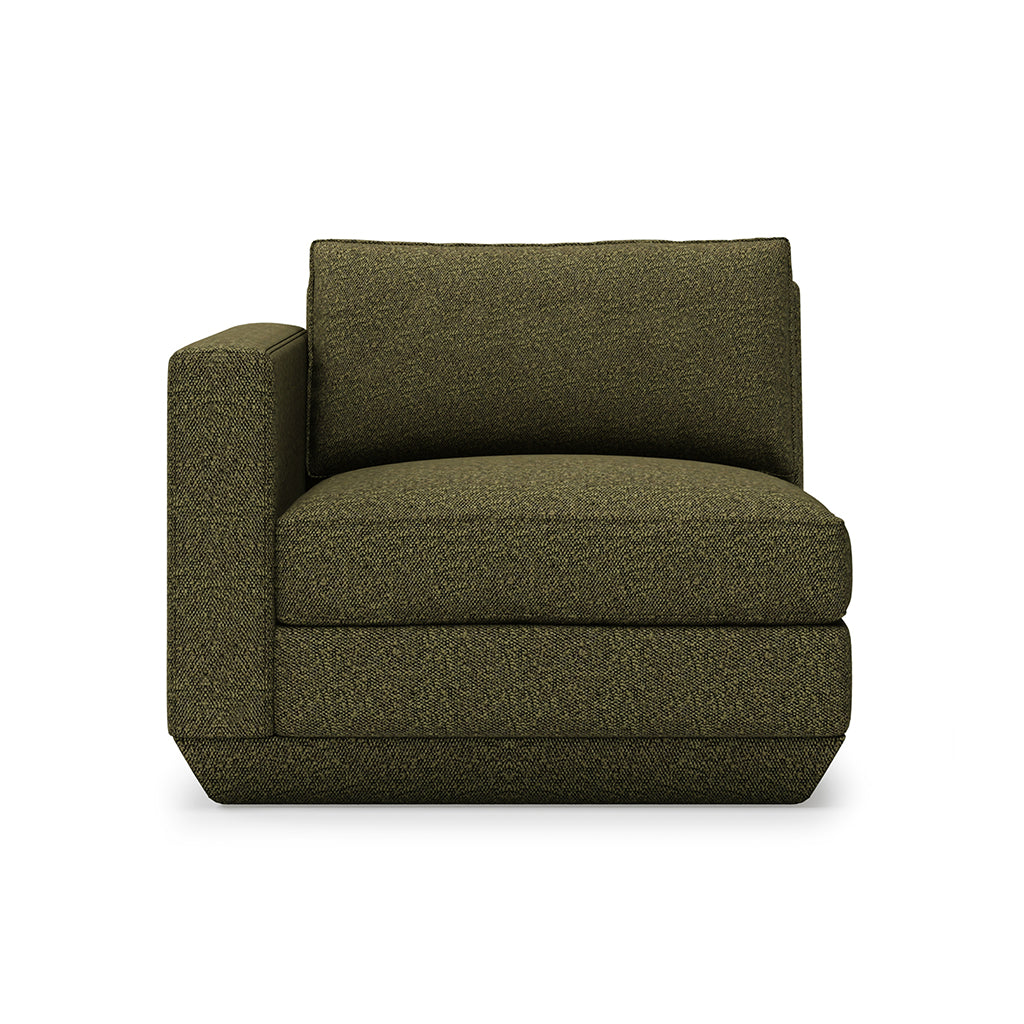 Olive green textured armchair with modern design and plush cushions