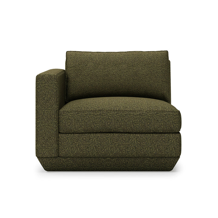 Olive green textured armchair with modern design and plush cushions