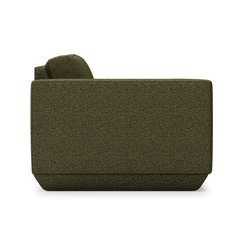 Olive green textured fabric armchair with modern silhouette