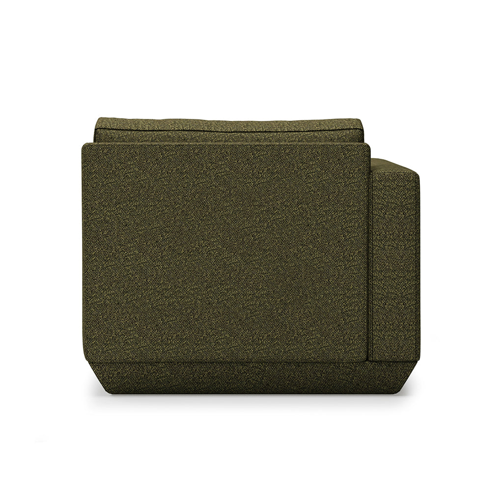 Olive green textured fabric armchair with modern minimalist design