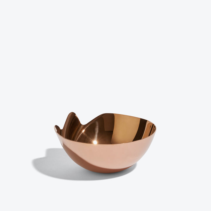Serenity Bowl — rose gold bowl, angled view showing the raised folded edge on white