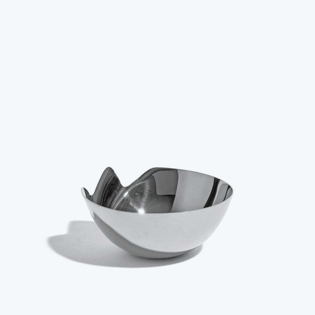 Serenity Bowl — silver bowl, angled view showing the raised folded edge on white