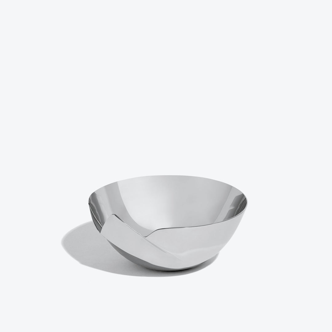 Serenity Bowl — silver bowl, low front view with the fold facing forward on white