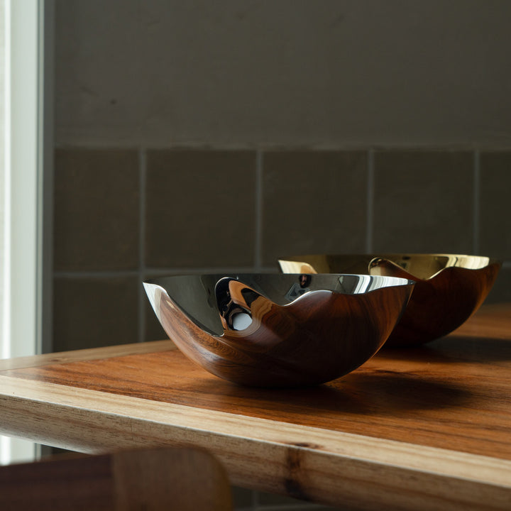 Serenity Bowl — silver and gold bowls side by side on a wooden kitchen counter