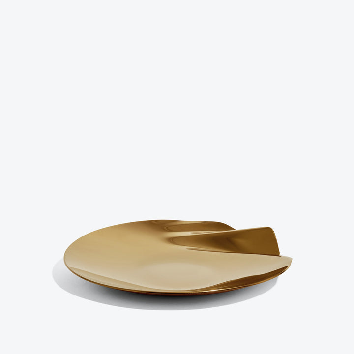 Serenity Platter — medium gold platter, low side view of the rippled edge on a white background