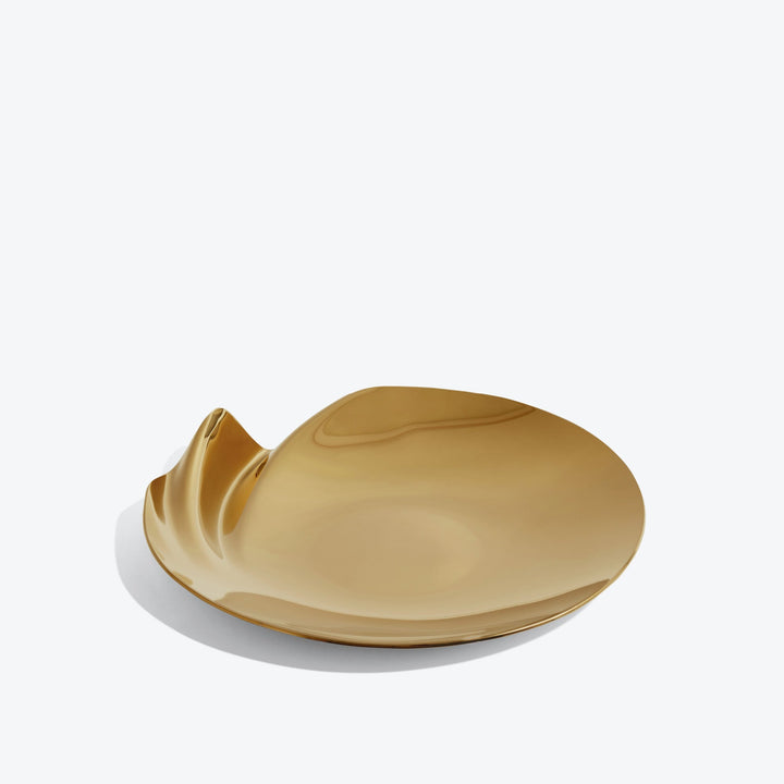 Serenity Platter — medium gold platter, three-quarter view of the curling rippled edge on a white background