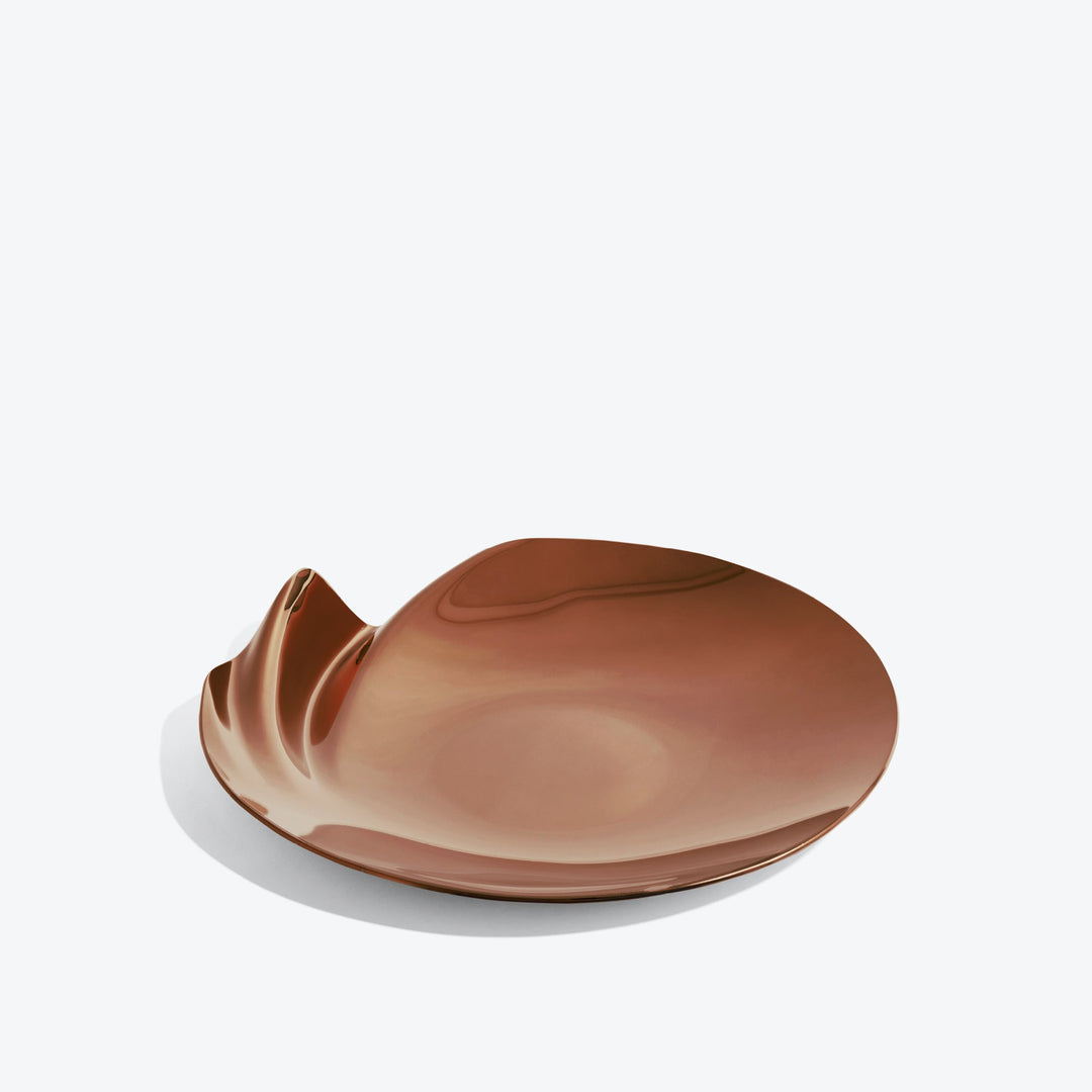 Serenity Platter — medium Rose Gold platter, three-quarter view of the curling rippled edge on a white background