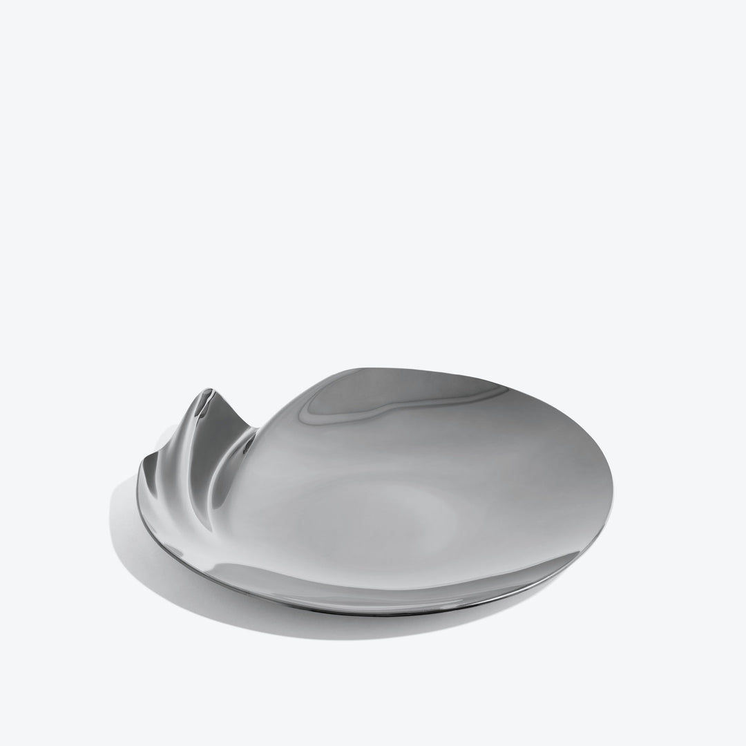 Serenity Platter — medium silver platter, three-quarter view of the curling rippled edge on a white background