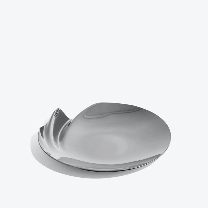 Serenity Platter — medium silver platter, three-quarter view of the curling rippled edge on a white background