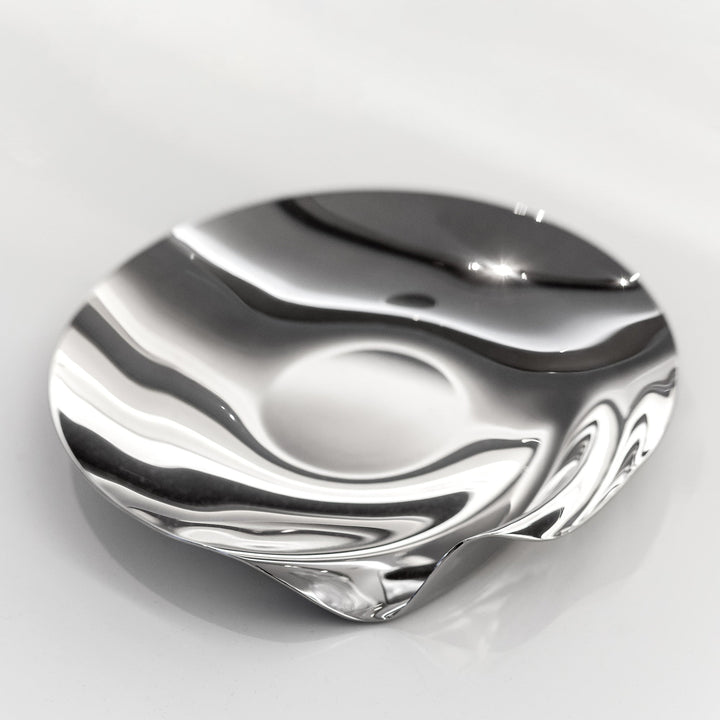 Serenity Platter — medium polished silver platter, close top view showing mirror reflections