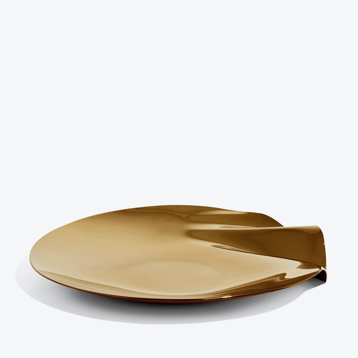 Serenity Platter — large gold platter, low side view of the folded edge on a white background