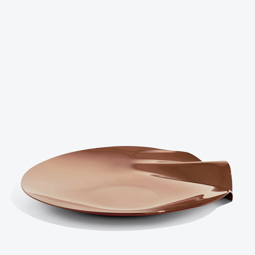 Serenity Platter — large Rose Gold platter, low side view of the folded edge on a white background