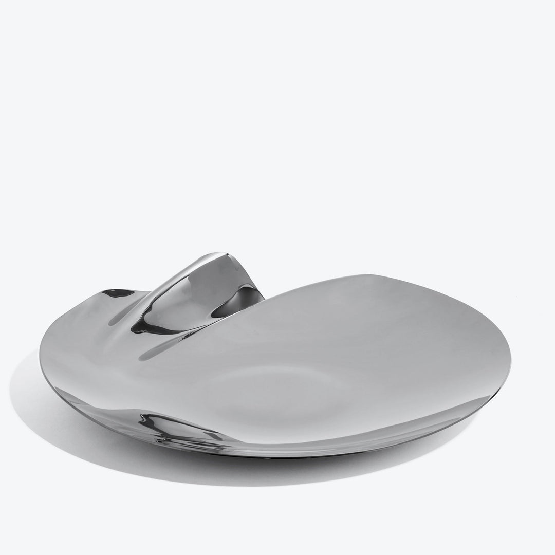 Serenity Platter — large silver platter, three-quarter view of the rippled edge on a white background