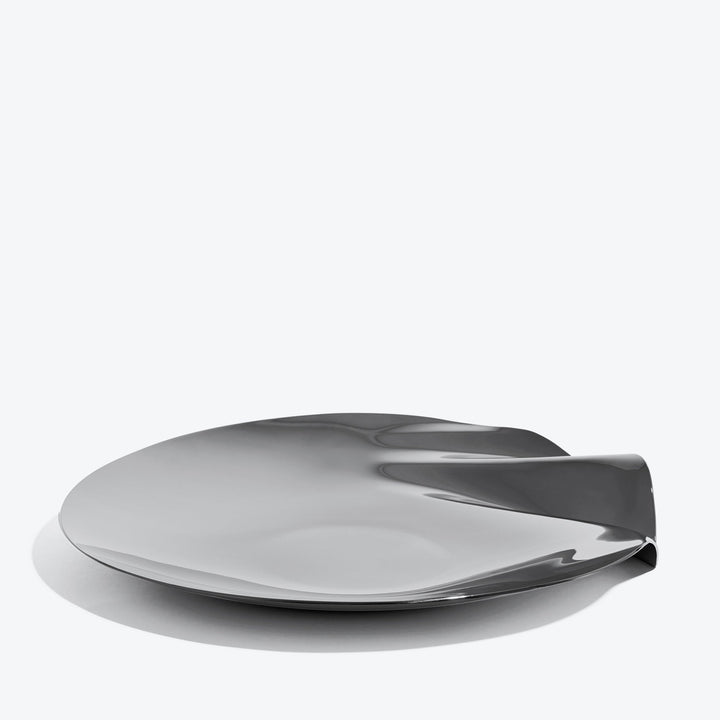 Serenity Platter — large silver platter, low side view of the folded edge on a white background