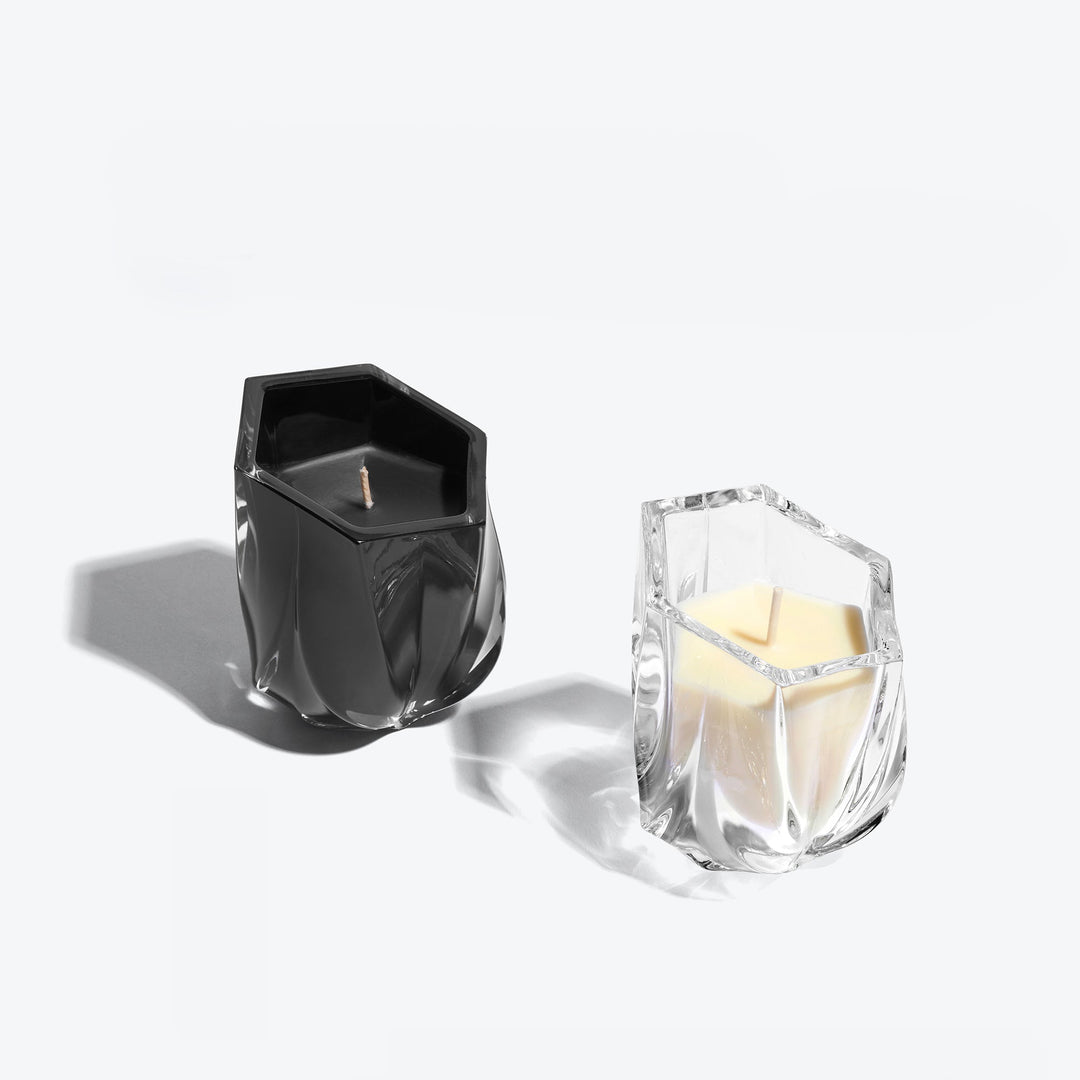 Shimmer Scented Candle Duo, Set of 2 — black and clear faceted glass candles, three-quarter view on a white background