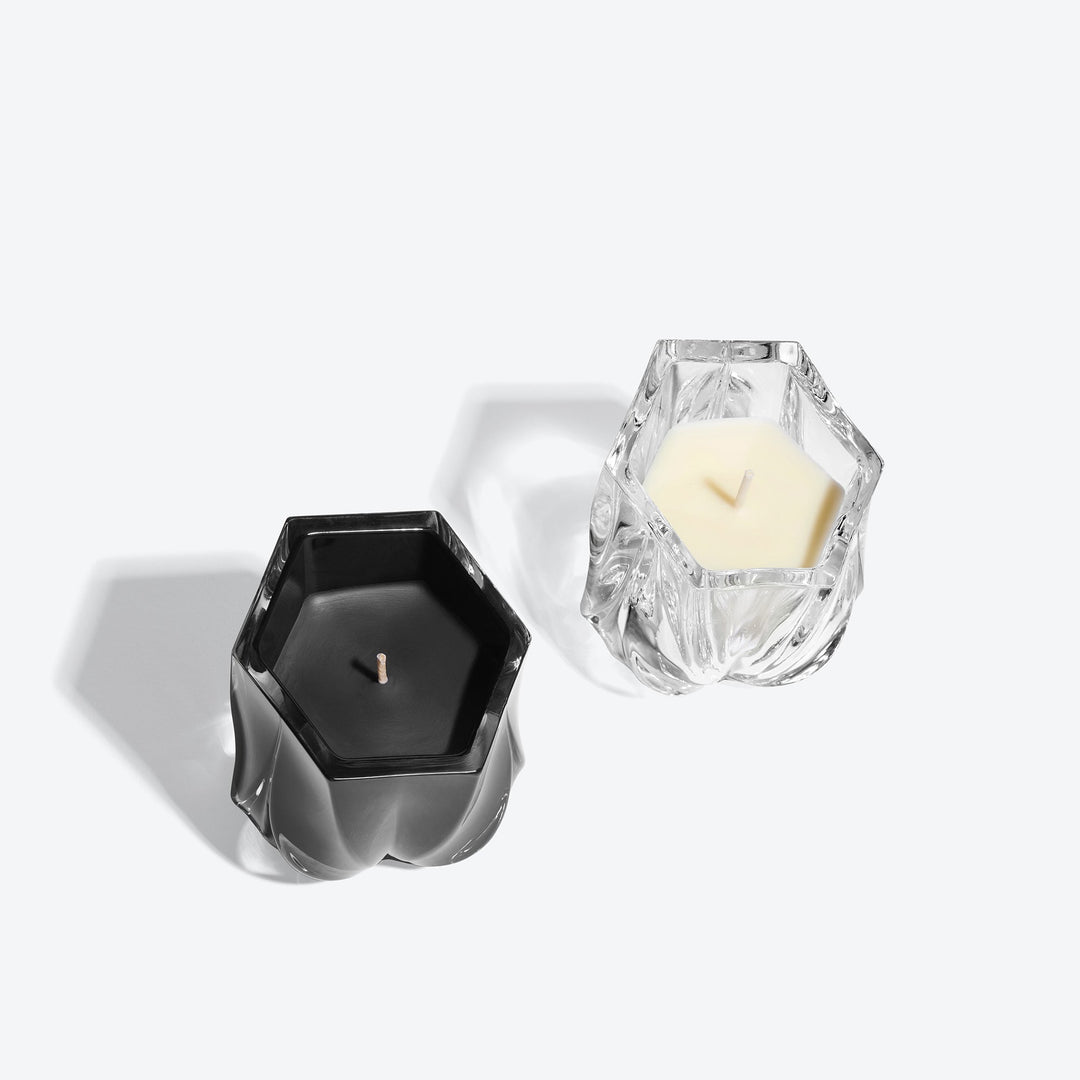 Shimmer Scented Candle Duo, Set of 2 — black and clear glass candles from above showing the hexagonal tops and wicks
