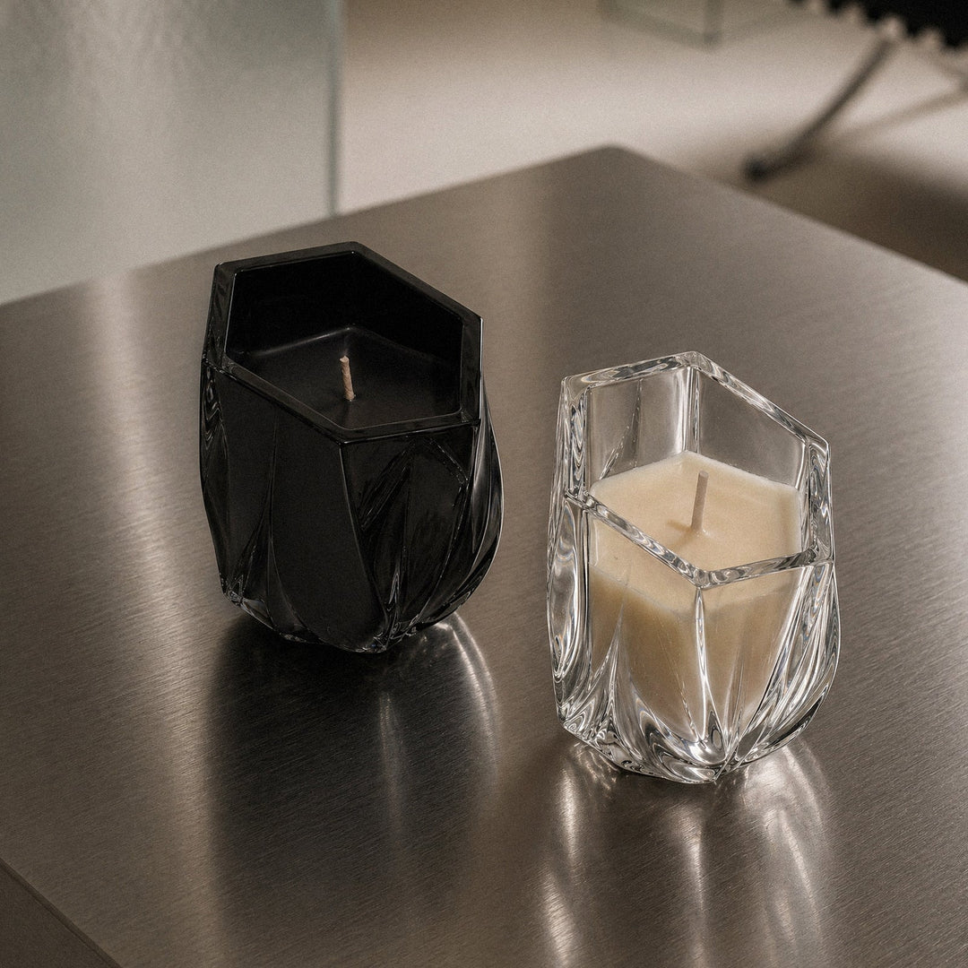 Shimmer Scented Candle Duo, Set of 2 — black and clear faceted glass candles on a brushed metal table, lifestyle view
