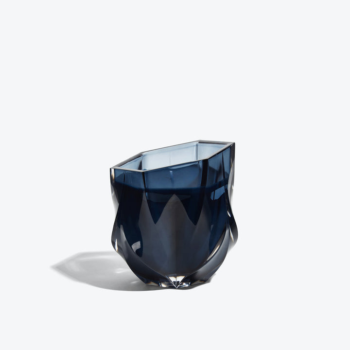 Shimmer Scented Candle — Slate Blue glass vessel with twisted facets, side view