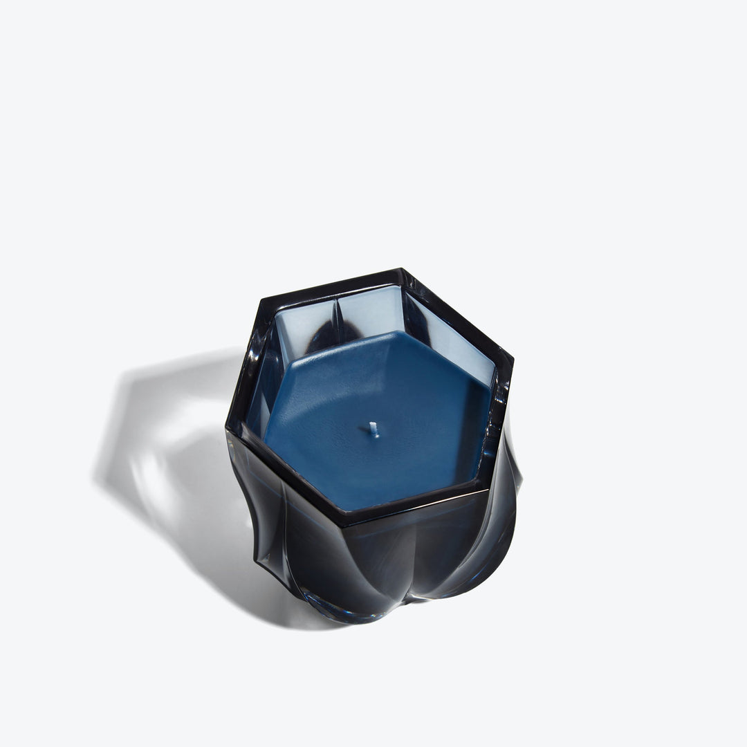 Shimmer Scented Candle — Slate Blue glass vessel, top-down view of hexagonal rim and wax