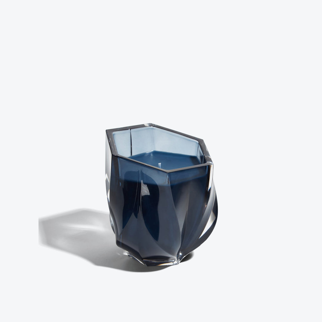 Shimmer Scented Candle — Slate Blue glass vessel with blue wax, three-quarter view