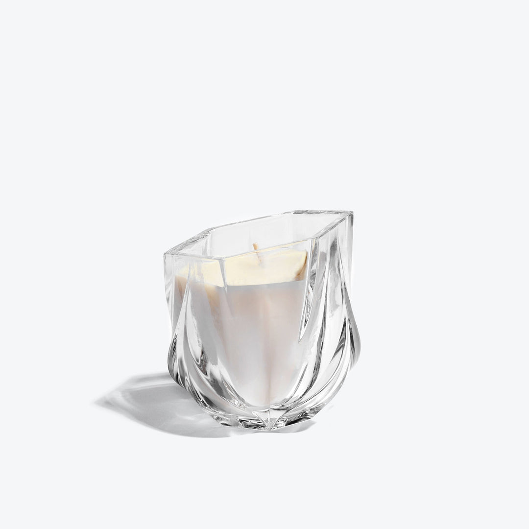 Shimmer Scented Candle — Clear crystal vessel with cream wax, side view