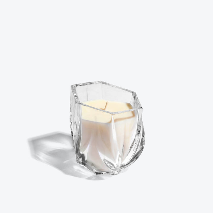 Shimmer Scented Candle — Clear crystal vessel with cream wax, three-quarter view