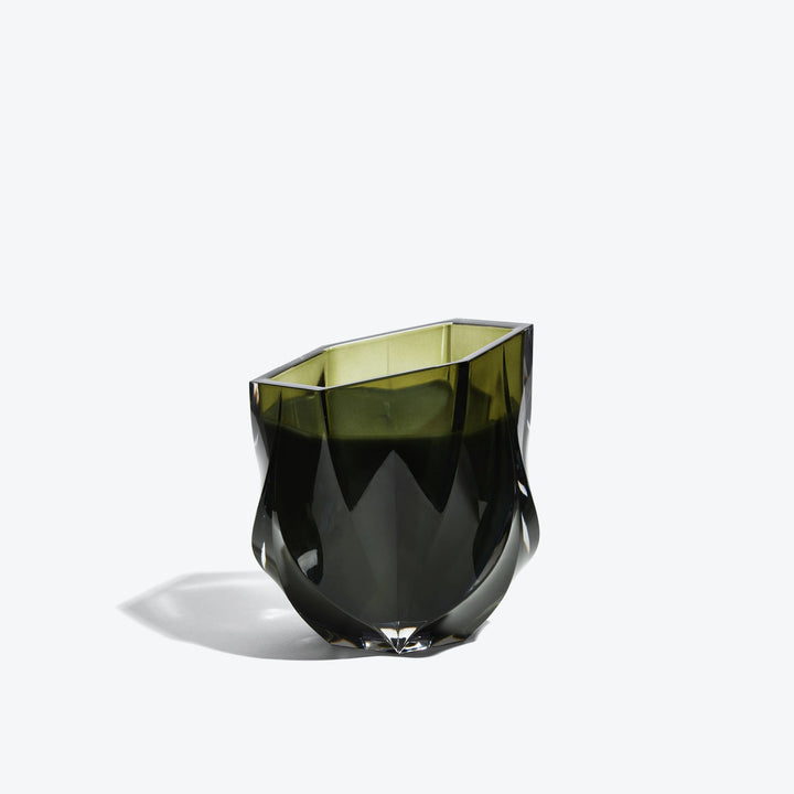 Shimmer Scented Candle — Olive Green glass vessel with twisted facets, side view