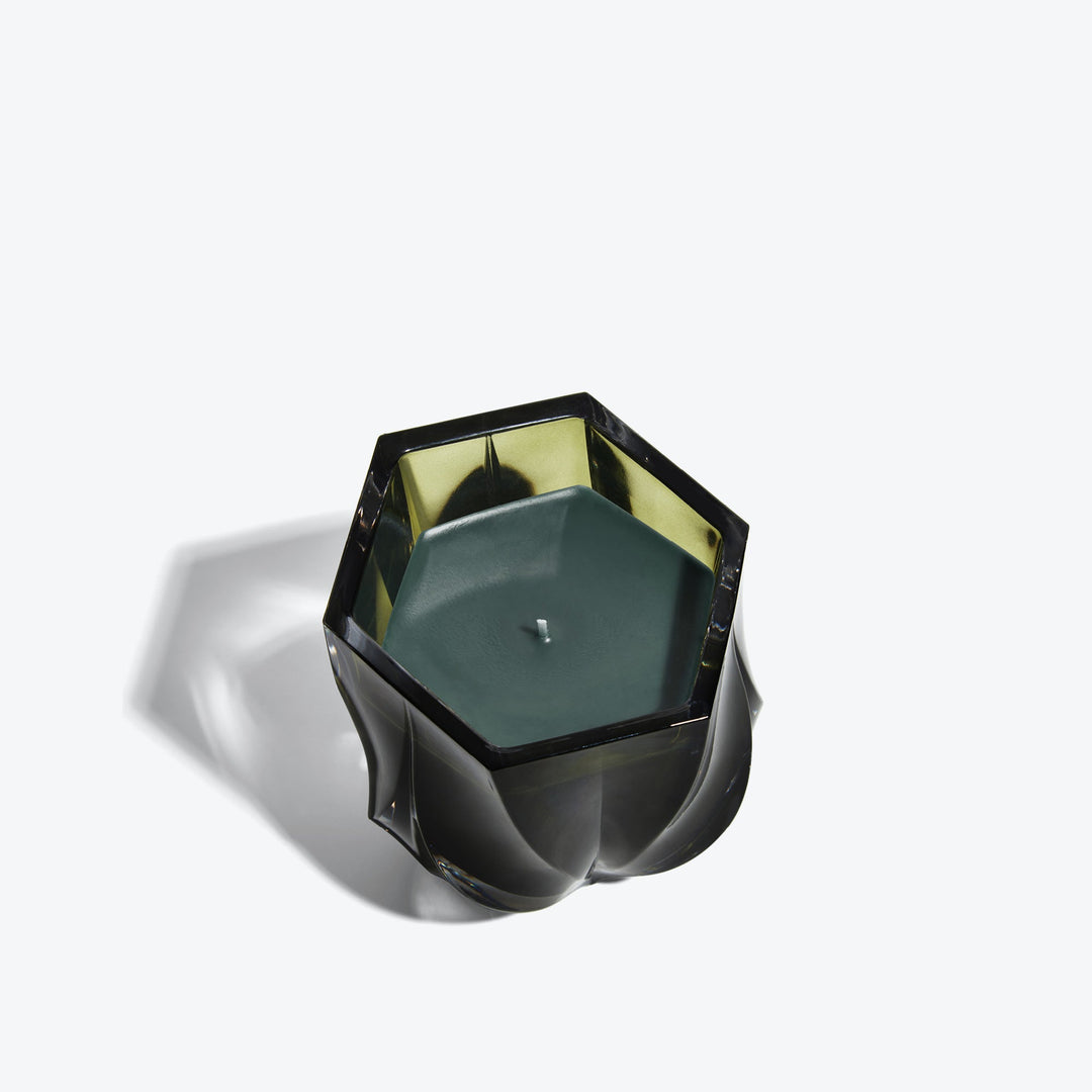 Shimmer Scented Candle — Olive Green glass vessel, top-down view of hexagonal rim and wax