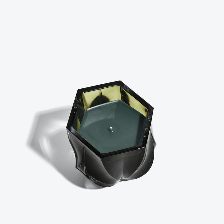 Shimmer Scented Candle — Olive Green glass vessel, top-down view of hexagonal rim and wax