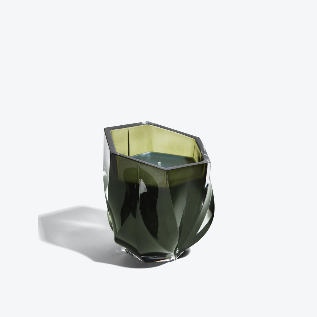 Shimmer Scented Candle — Olive Green glass vessel, three-quarter view