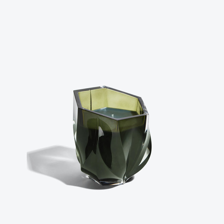 Shimmer Scented Candle — Olive Green glass vessel, three-quarter view