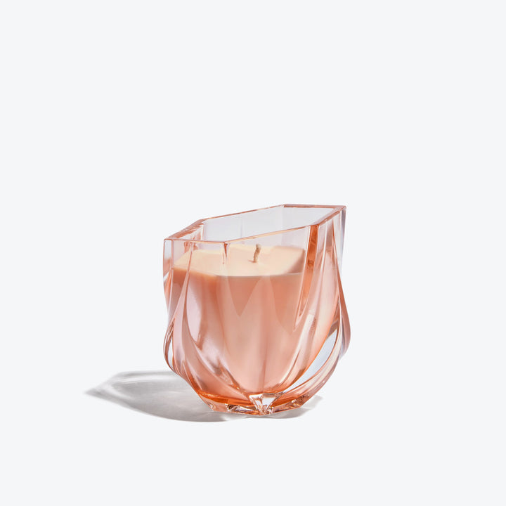 Shimmer Scented Candle — Rose tinted glass vessel with pale wax, three-quarter view