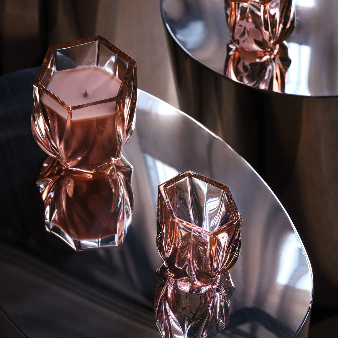 Shimmer Scented Candle — two Rose candles on a mirrored tray with reflections, lifestyle