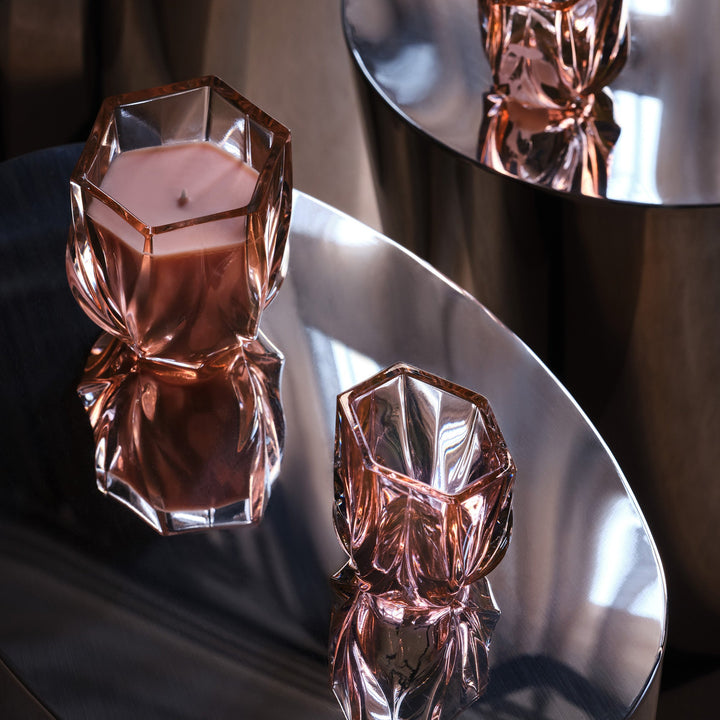 Shimmer Scented Candle — two Rose candles on a mirrored tray with reflections, lifestyle